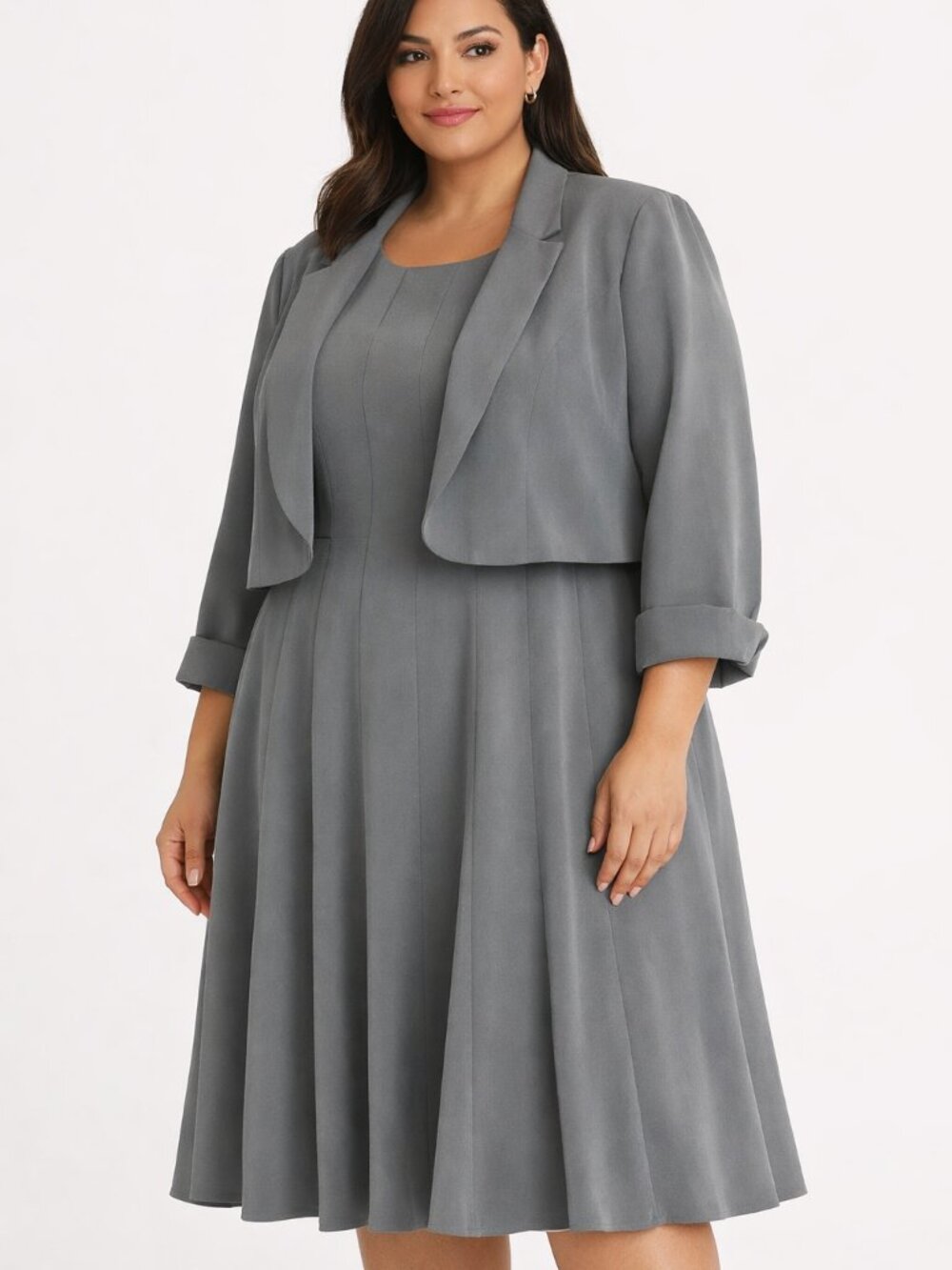 R&M Richards Gray Pleated Midi Dress with Cropped Jacket
